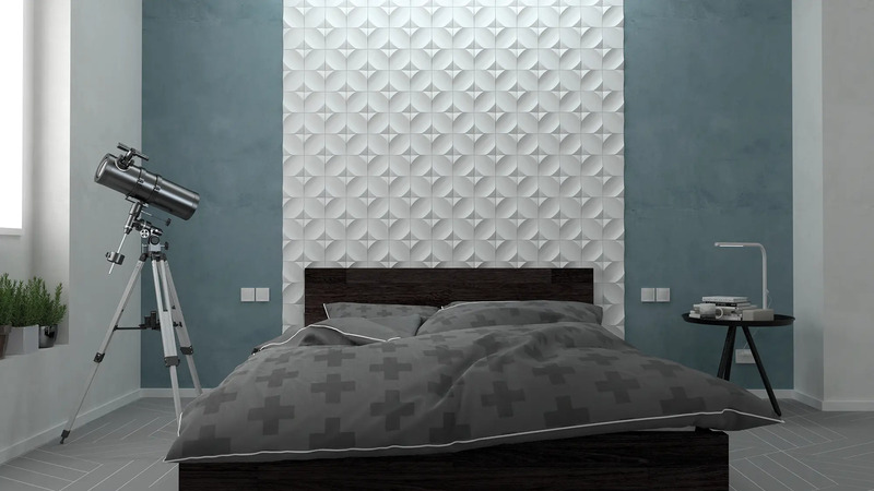 Dormitorio con cabezal de cerámica de diseño